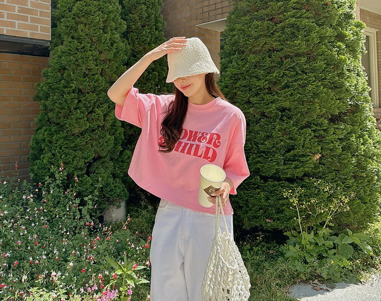 Blingb Color Matching Printing Semi-cropped Short Sleeve T-shirt 短袖上衣