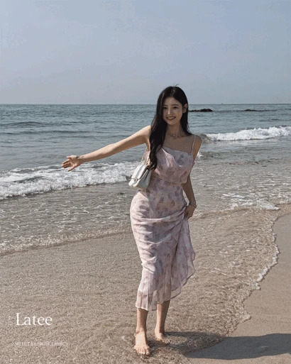 레잇 스퀘어넥 핀턱 드레이프 플라워 길이조절 허리끈 플레어 속치마 나시 롱 원피스