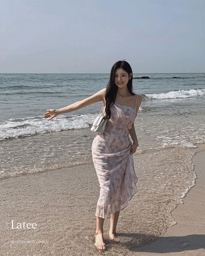 레잇 스퀘어넥 핀턱 드레이프 플라워 길이조절 허리끈 플레어 속치마 나시 롱 원피스