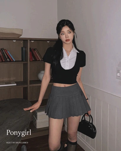 포니걸 셔츠 카라넥 레이어드 버튼 유넥 크롭 반팔 티셔츠
