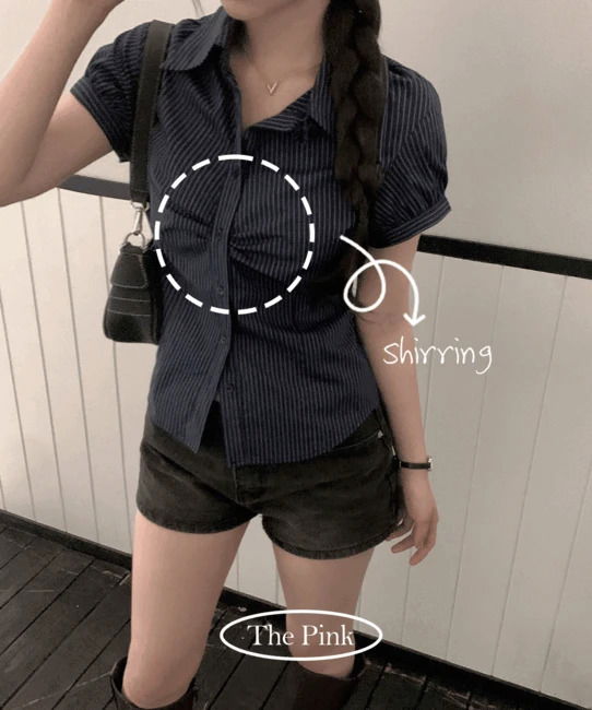 Shy Slim Fit Striped Shirring Pintuck Short Sleeve Shirt