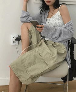 鬆緊腰卡其工裝短褲