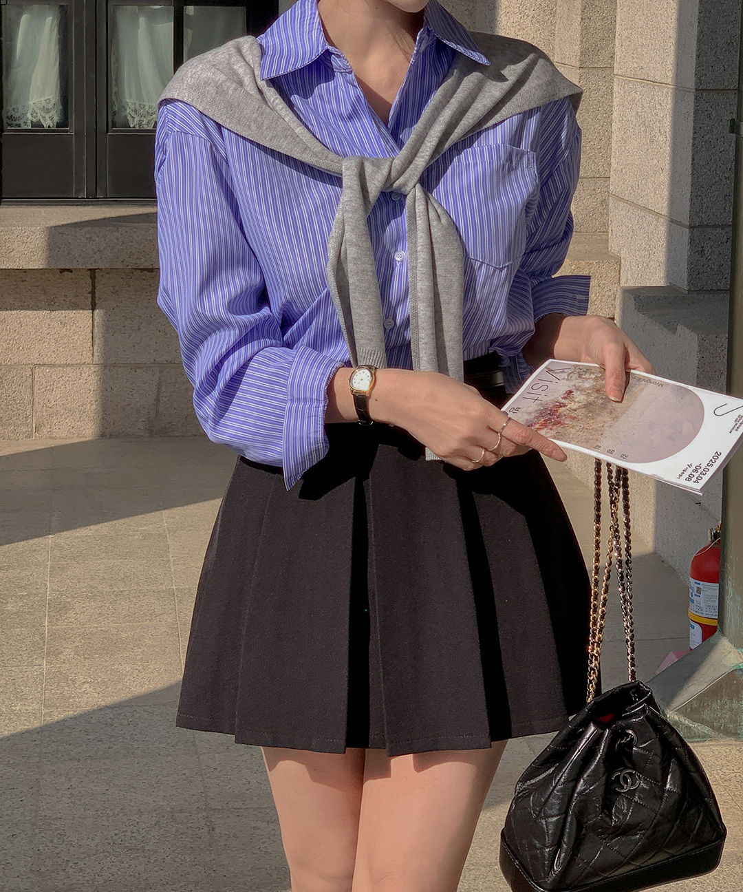 Dent Stripe Shirt Shirt Layered Shawl Cardigan Set 套裝