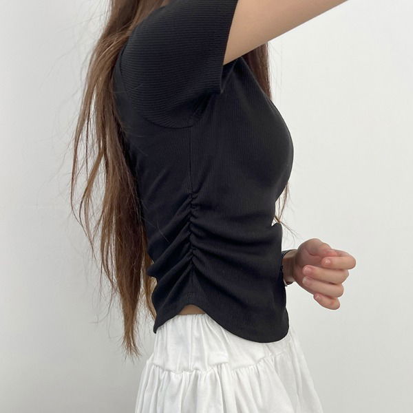 1+1/9 Color Ribbed Shirring Crop Short Sleeve T-shirt