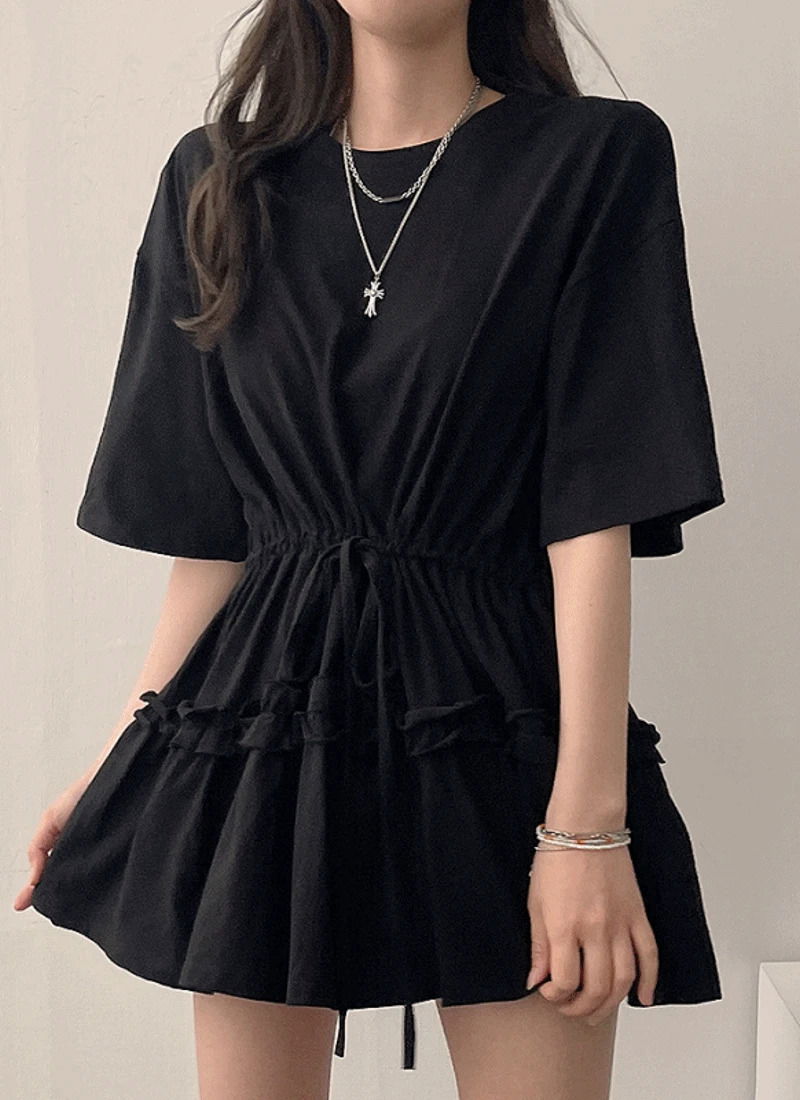 *Adjustable waist strap/slimming* Waist shirring basic neat short sleeve frill mini Dress 3 colors