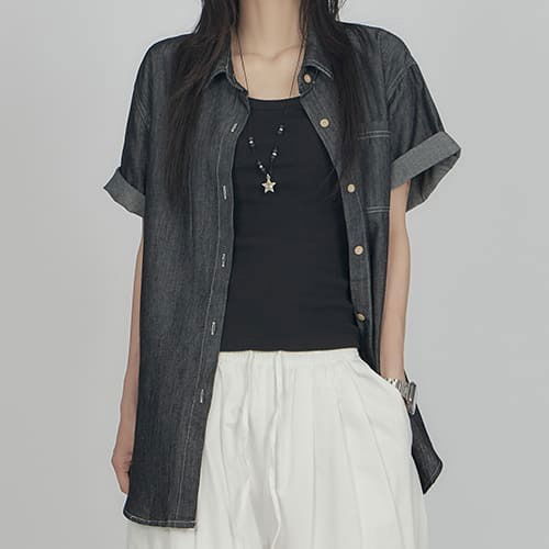 Oversized Short-Sleeve Denim Shirt SH013