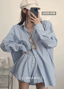 Until summer☁☁Cloud Cloud Overfit Soft Loose-fit, Striped Shirt + Pumpkin Balloon Pants