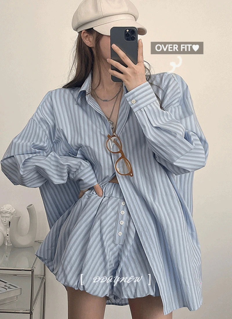 여름까지☁☁클라우드 구름 오버핏 부드러운 루즈핏, 스트라이프 셔츠+펌킨 벌룬 팬츠