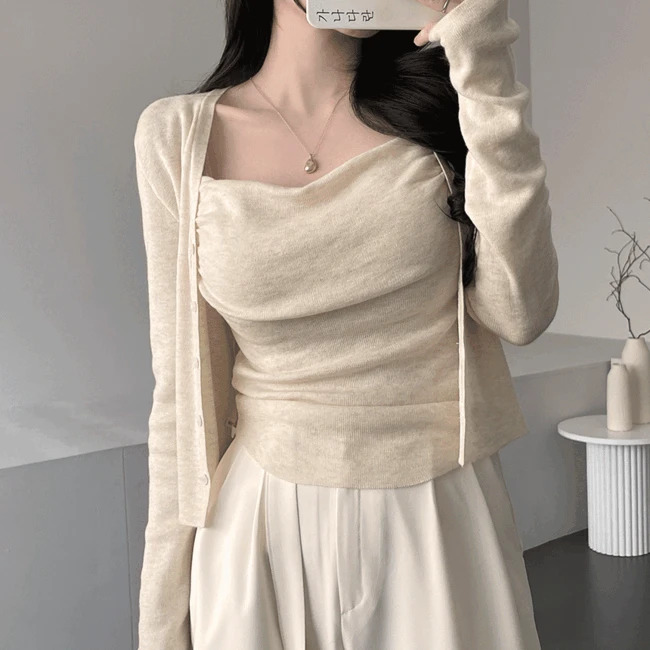Ganadaran Orange Two-piece Drape Fleece Shirring Sleeveless Knitwear Sleeveless Cardigan Set 2color 套装