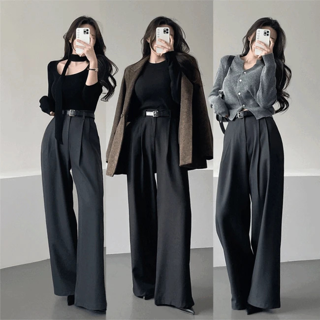 Ganadaran The N Belt Set Chalang Two Pin Tuck High Waist Wide Slacks 4 Colors