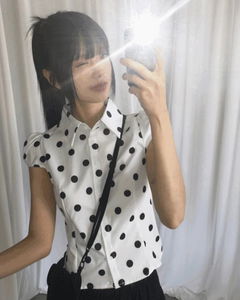 Miring Dot Strap Puff Blouse