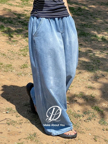 빅사이즈 S-5XL 올밴딩 썸머 시와 워싱 데님 투웨이 메가 와이드 팬츠 여름 청바지