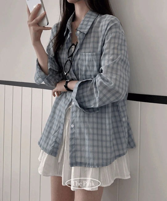 Wooder Overfit Check See-Through Long Sleeve Shirt