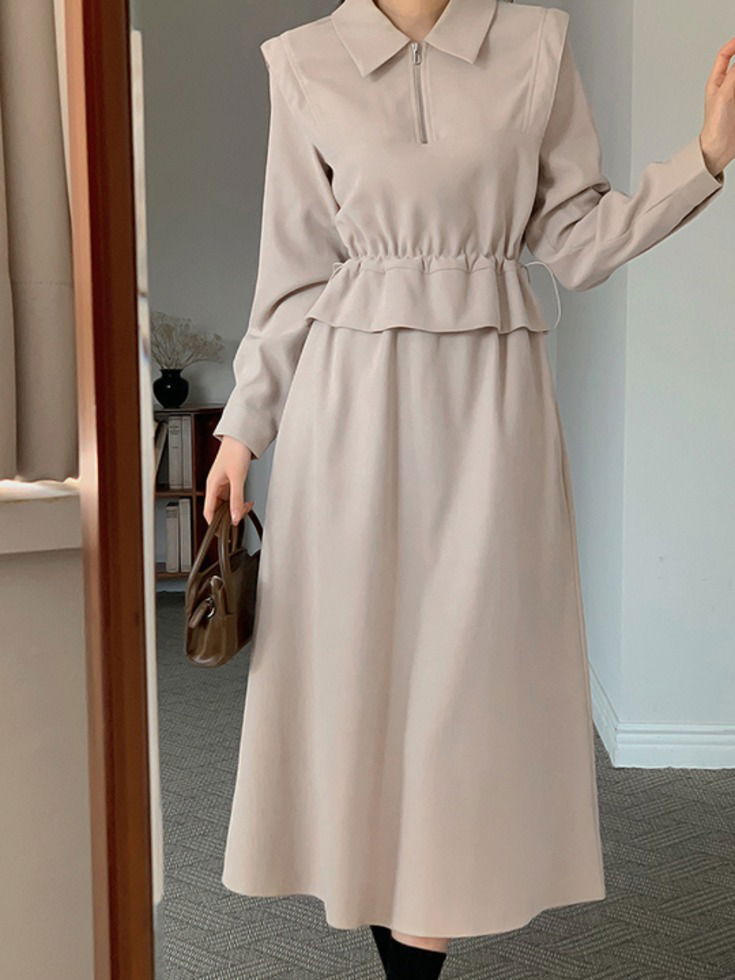 Bendiabo Peach Fleece-lined Flap String Half Zip Long One Dress