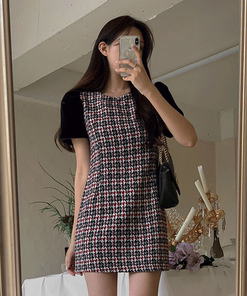 Janine mink check mini ops 迷你短洋裝