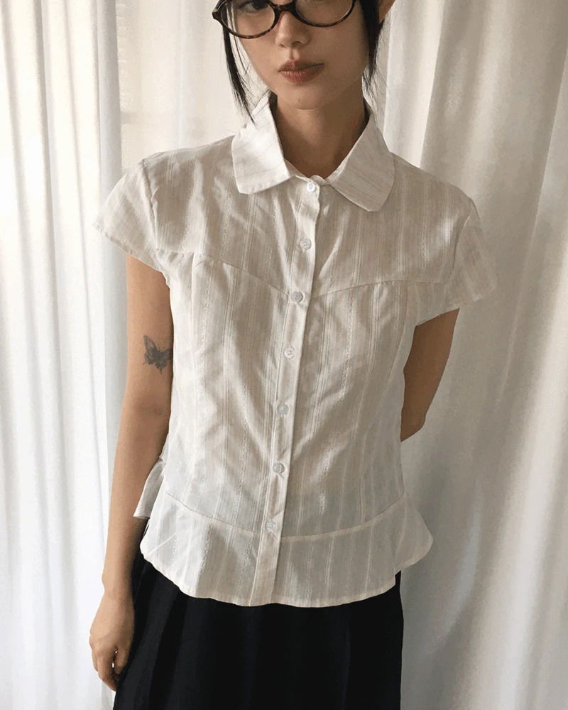 Karen Stripe Frill Short Sleeve Shirt (Delayed delivery)