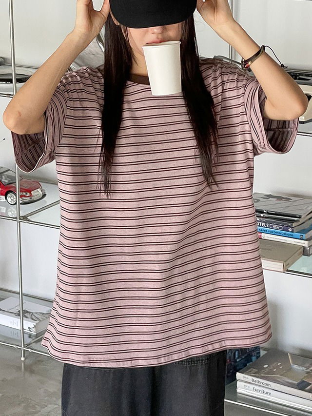 Big size 55-110 Delinme color Striped overfit short-sleeved T-shirt