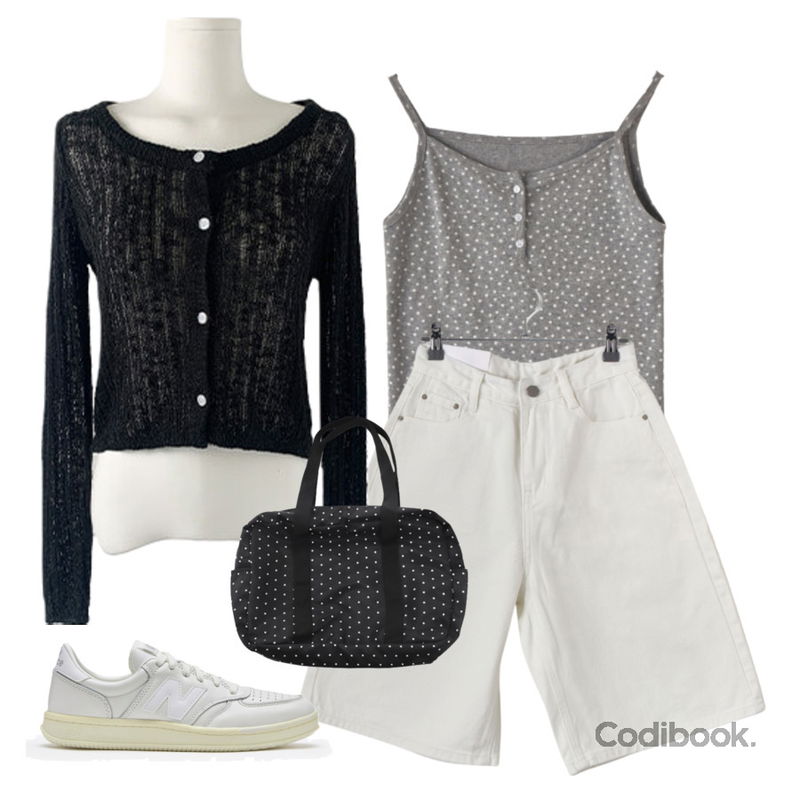 wonderwonder 큐지 빅 땡땡이 도트 숄더백,EEZEE Flower Pattern Button Sleeveless SL008,EEZEE Urban Neat Pants PA030등을 매치한 코디