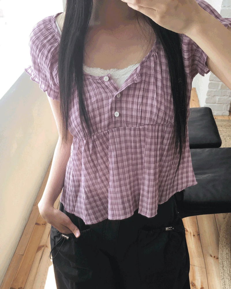 Ridge Check Puff Shirring Blouse