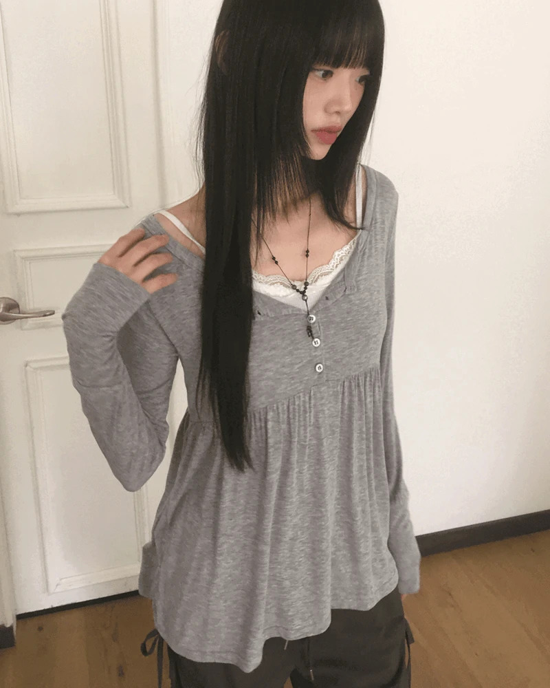 ホシブボタンシャーリングレイヤードロングスリーブTシャツ