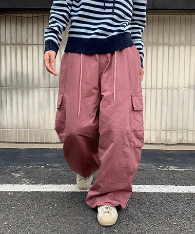 High-up cotton cargo wide pants