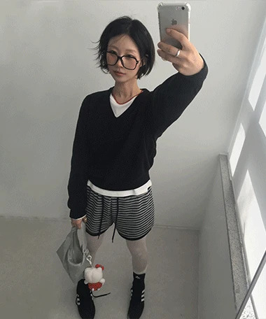 休閒撞色條紋鬆緊短褲