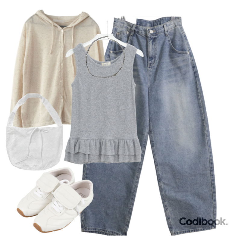 binary01 프린드 원석 비즈목걸이,EEZEE Cloud Heart Denim DE013,COLOR iN ID 다미 웨어러블 스니커즈등을 매치한 코디