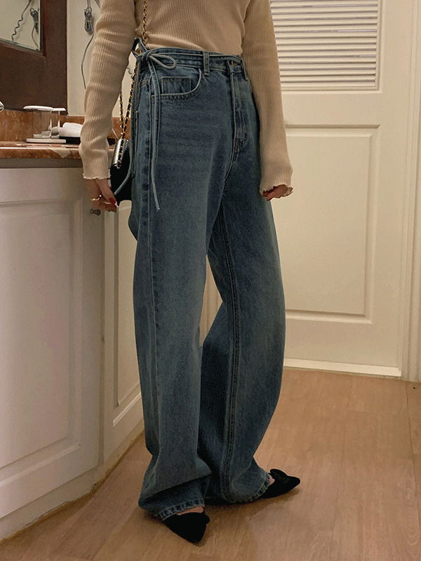 Kio Strap Denim Ribbon Strap High Waist Wide Jeans Pants 牛仔褲