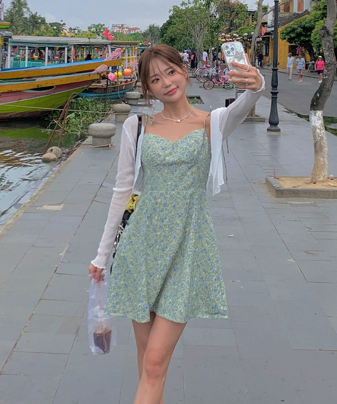페어 플라워 리본 끈나시 백리스 뷔스티에 미니 원피스