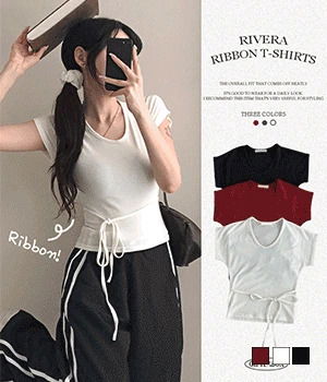 리베라 리본 스트링 레이온 반팔 티셔츠