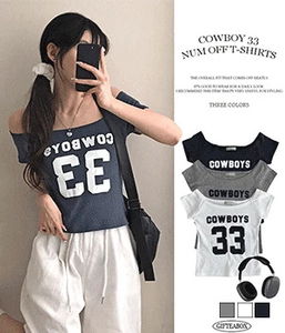 牛仔數字33露肩短袖T恤