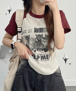 Round hem kitsch cat Ribbed nagrang crop tee
