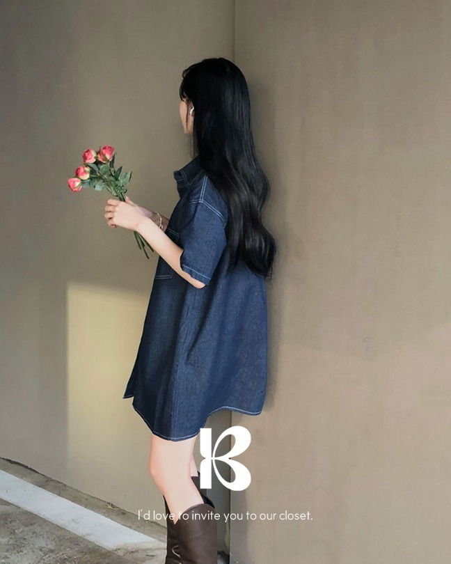 Vintage stitch denim overfit shirt short sleeve one-piece