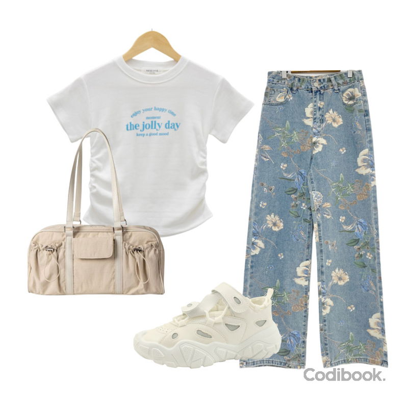 designershoes 캐쥬얼 스포티 쿠션 스니커즈 화이트,tipssy ) flower denim pt,VIVIC DIDI SHIRRING POCKET BOWLING BAG (6COLORS)등을 매치한 코디