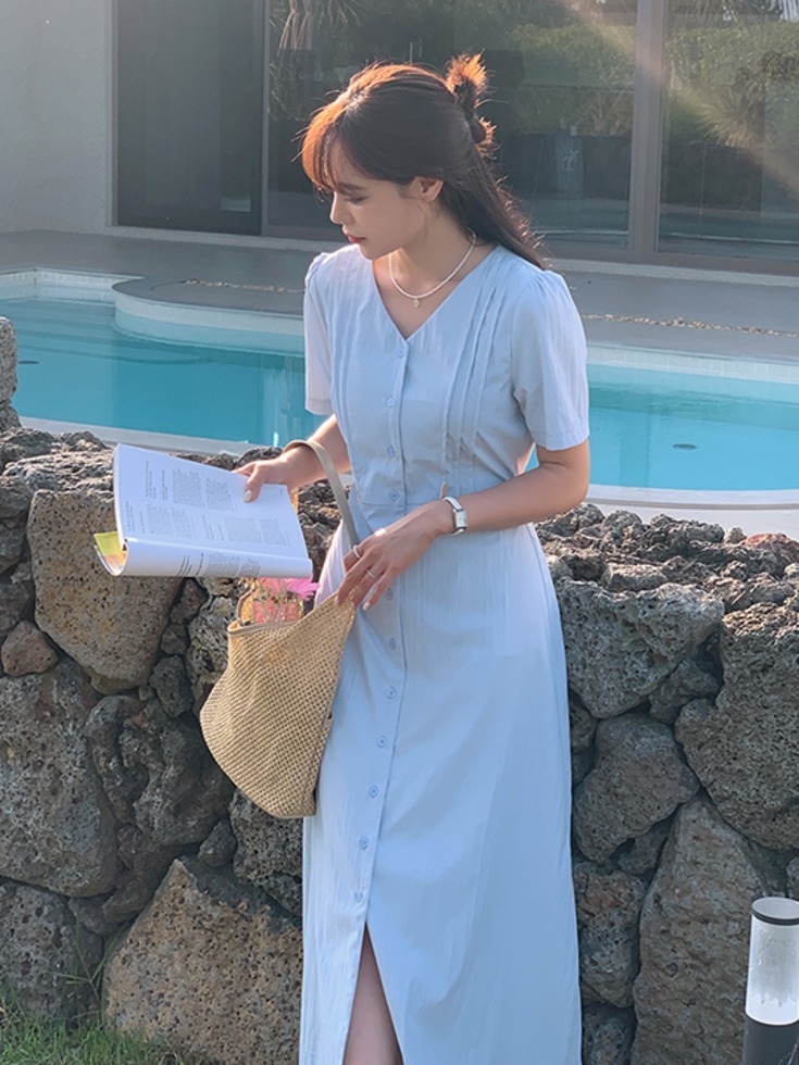 棉麻V領綁帶長洋裝