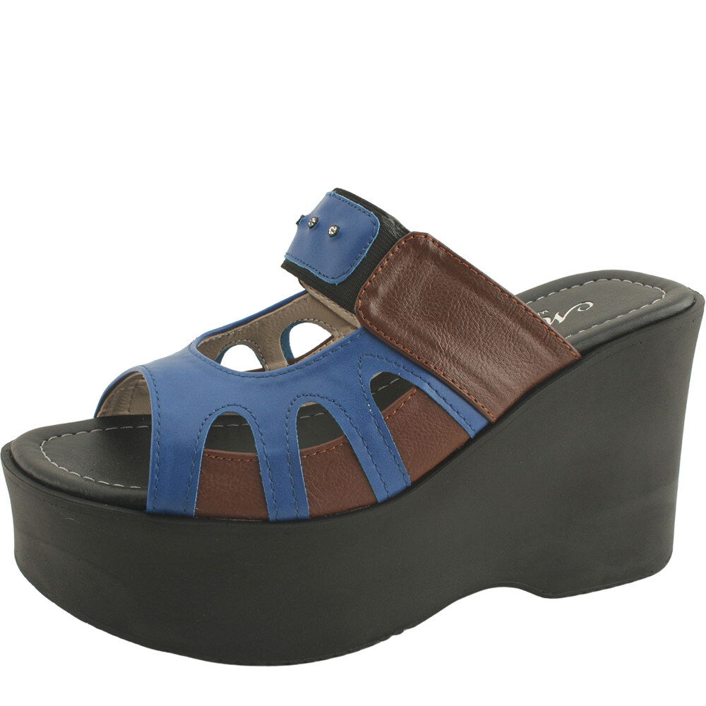 Domestically produced vivid two-tone wedge heel high heel slippers blue