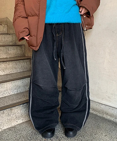 雷弗朗寬版鬆緊腰牛仔長褲