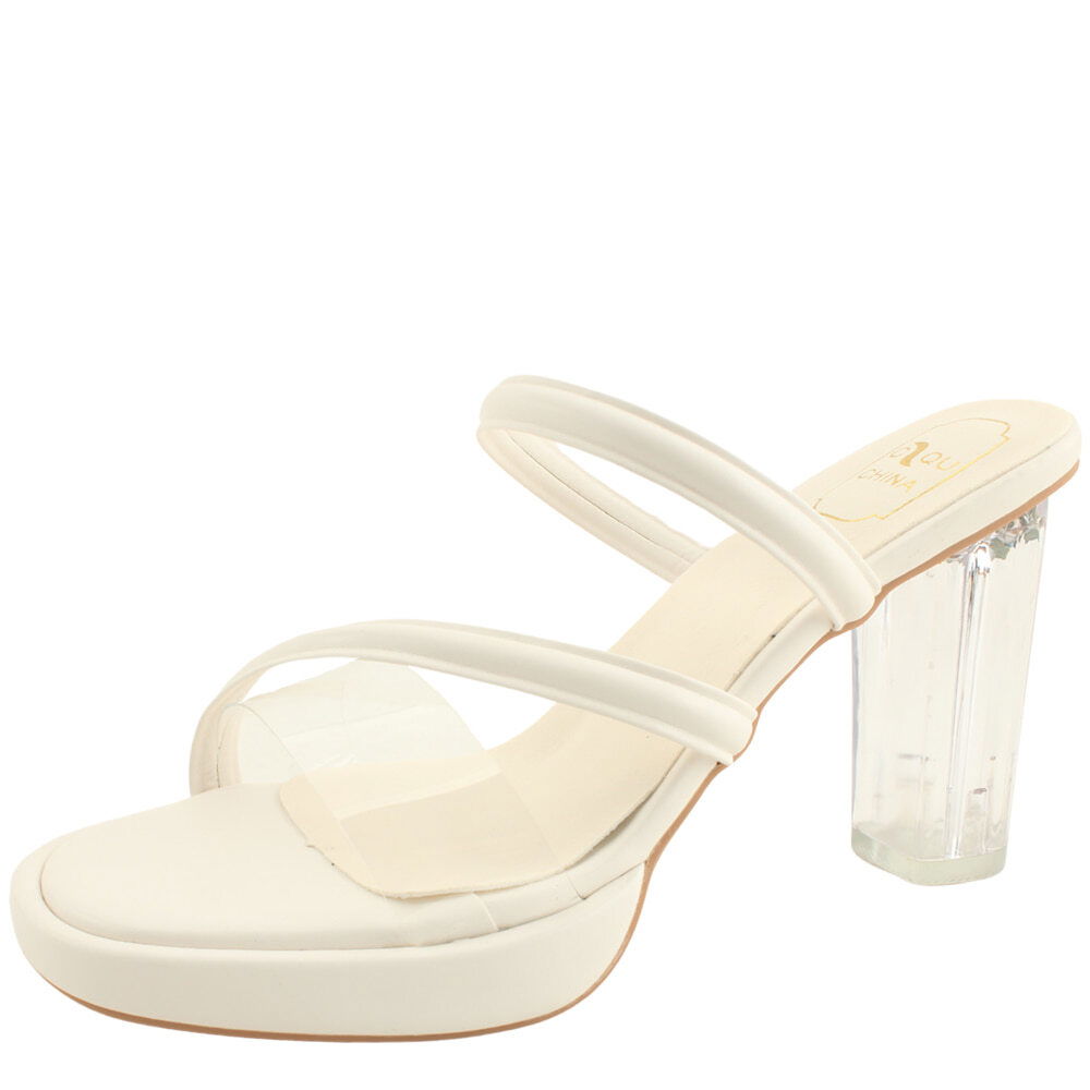 Clear diagonal strap high heel mule slippers white