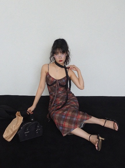 REDVELVET CHECK LACE MAXI DRSS