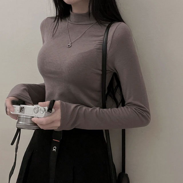高領薄透長袖修身上衣
