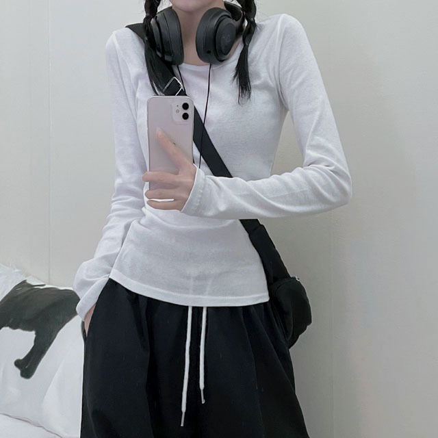 Let Me You Neck Rappa Round Spandex Plain Long Sleeve T-Shirt 長袖上衣