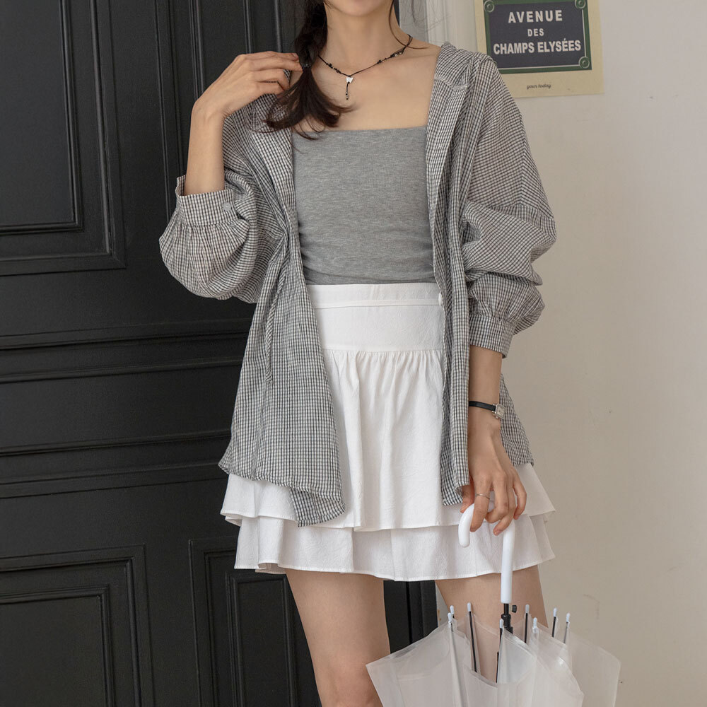 Moelli Nylon Loose Shirring Check Hooded Shirt Jumper