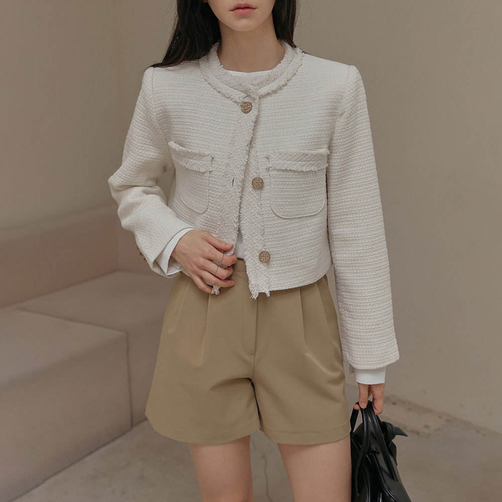 Fringe Gold Button No Collar Tweed Jacket