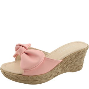 Domestically produced ribbon wedge heel high heel slippers 7cm pink