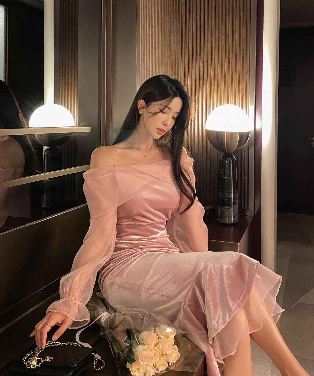 Danielle Organza Off Shoulder Velvet Mermaid Long Dress
