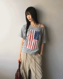 DET Vintage Stars and Stripes Print One Off Shoulder Short Sleeve T-Shirt