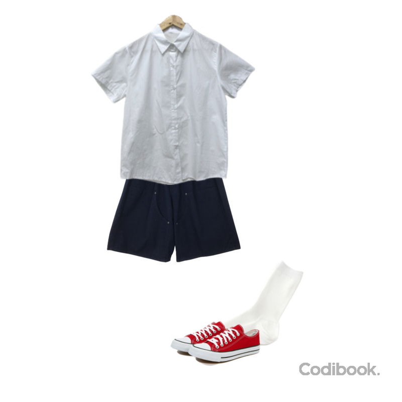 VANHECER 베이직 캔버스 스니커즈 S#JI060,ccomeng 프리코튼데일리반팔남방셔츠(7color),MORENNE 심플 베이직 삭스등을 매치한 코디