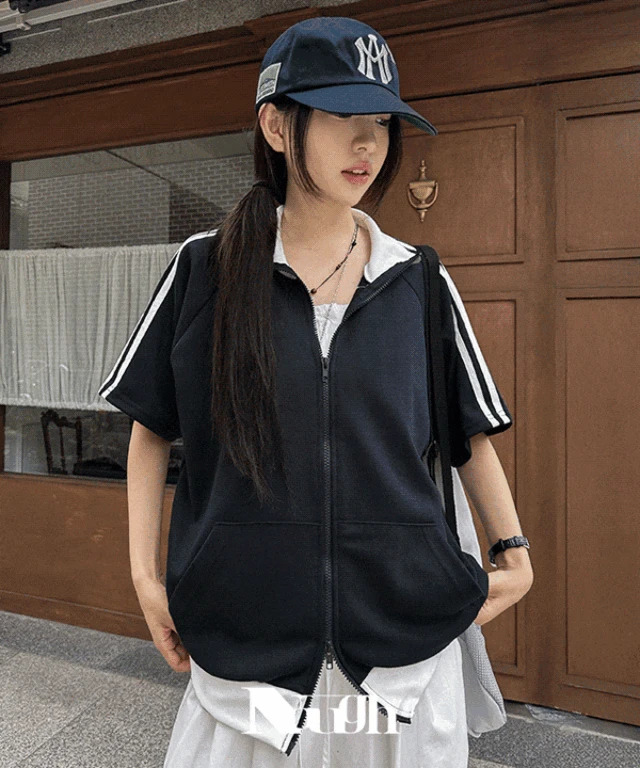 Field color blocking track line overfit short sleeve zip-up