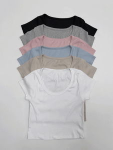 골지 딥 유넥 반팔 티셔츠 (6C)