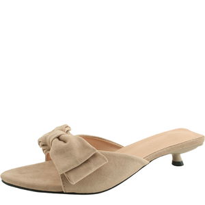 Ribbon Suede Stiletto Heel Mule Slippers Beige